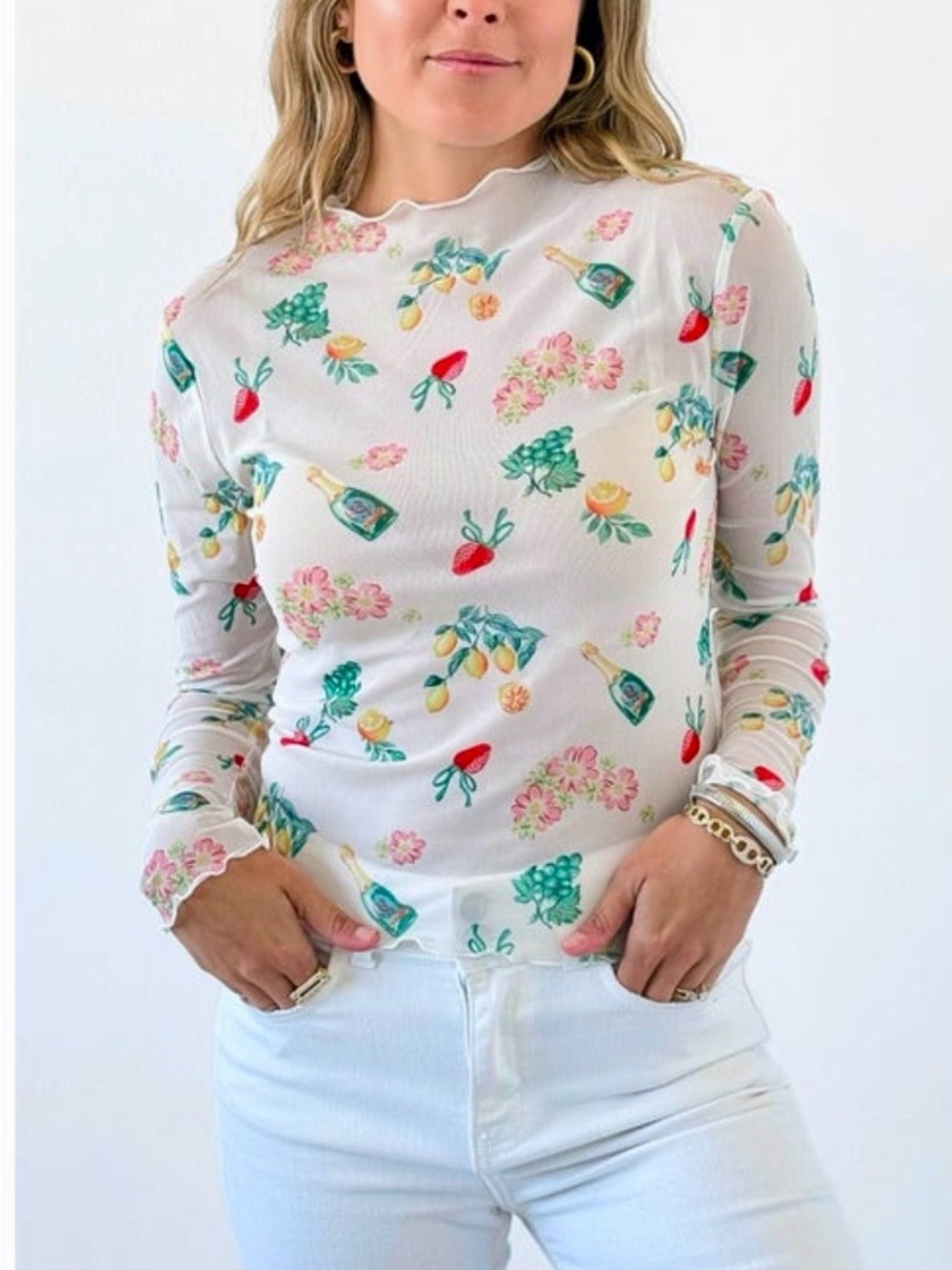 White Floral & Fruit Print Sheer Long Sleeve Top